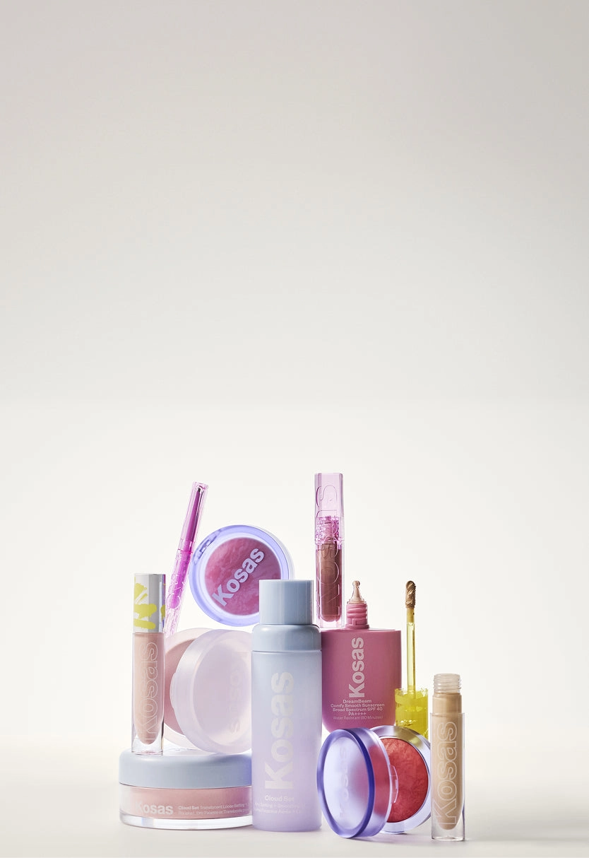 Kosas products arranged on a pale backdrop with an offer in text